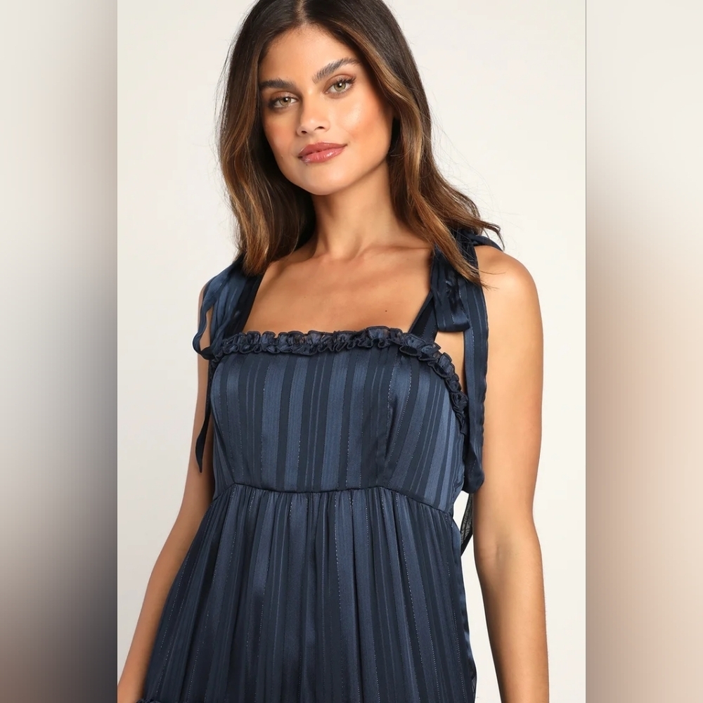 Lulus Day for Romance Navy Blue Tie-Strap Tiered Midi Dress size S - Picture 2 of 16